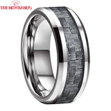 6mm 8mm Tungsten Wedding Band Gray Carbon Fiber Inlay Beveled Edges Polished