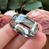 6mm 8mm Tungsten Wedding Band Gray Carbon Fiber Inlay Beveled Edges Polished