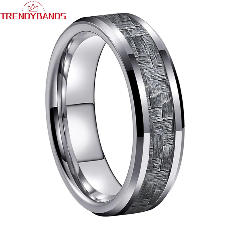 6mm 8mm Tungsten Wedding Band Gray Carbon Fiber Inlay Beveled Edges Polished