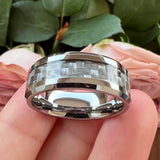 6mm 8mm Tungsten Wedding Band Gray Carbon Fiber Inlay Beveled Edges Polished