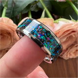 Tungsten Carbide Opal Inlay Wedding Band Beveled Edges Comfort Fit