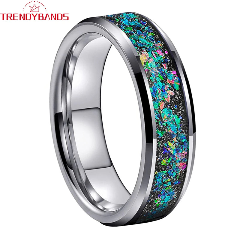 Tungsten Carbide Opal Inlay Wedding Band Beveled Edges Comfort Fit