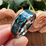 Tungsten Carbide Opal Inlay Wedding Band Beveled Edges Comfort Fit
