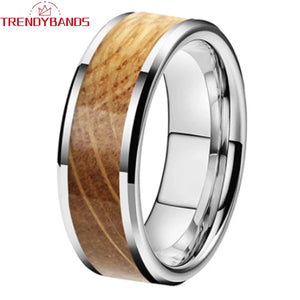 6mm 8mm Wedding Rings Beveled Edges Engagement Bands Whiskey Barrel Wood Inlay