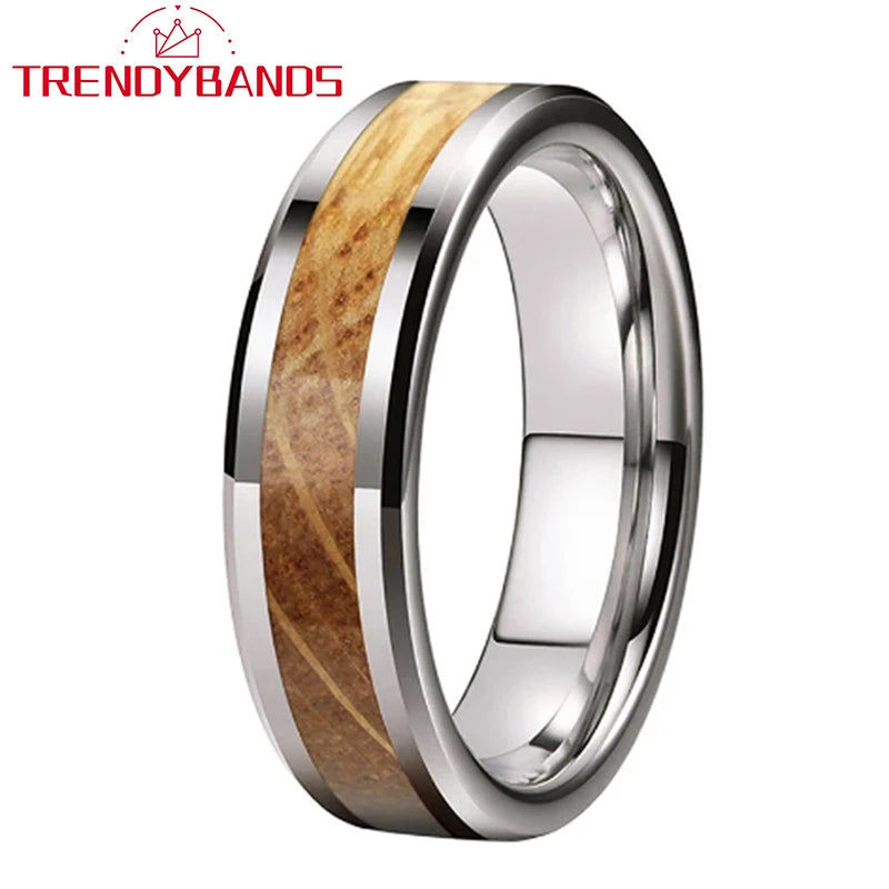 6mm 8mm Wedding Rings Beveled Edges Engagement Bands Whiskey Barrel Wood Inlay