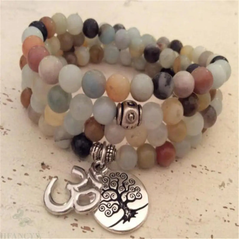 6mm Amazonite OM Tree Pendant 108 Beads Necklace