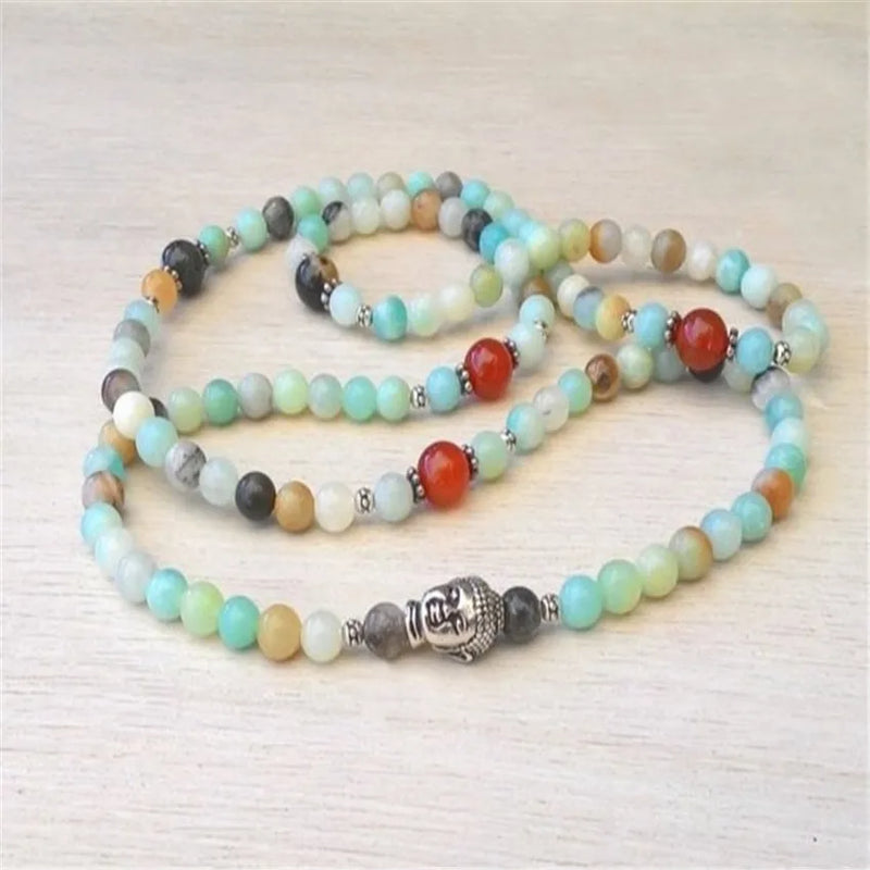 6mm Amazonite Stone 108 Beads Bracelet Buddha Head Cuff Prayer Yoga