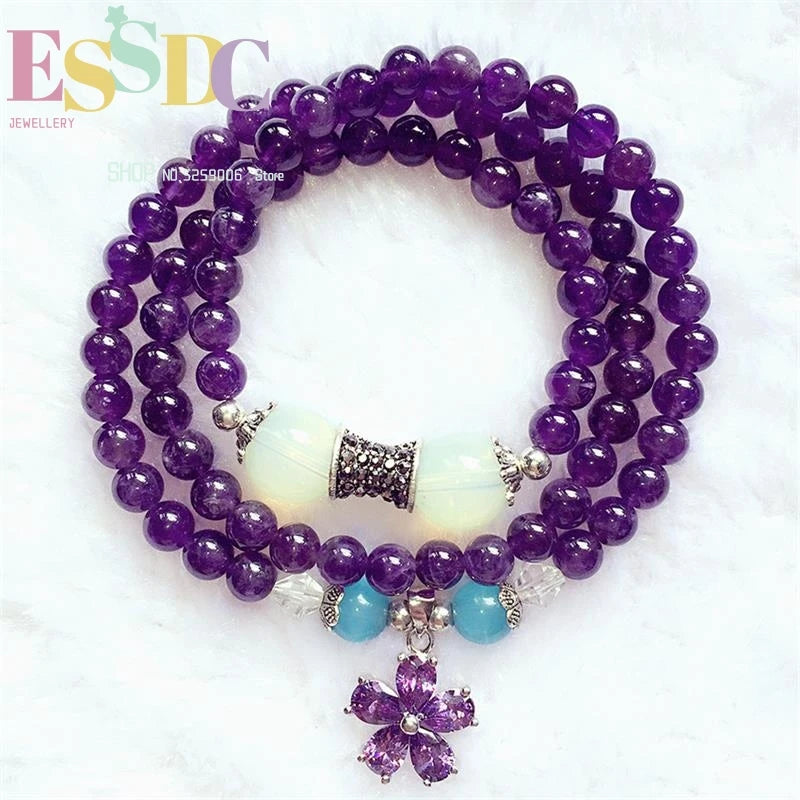 6mm Amethyst Pendant Bracelet Natural Ladies Multilayer Flower