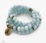 6mm Aquamarine 108 Beads Buddha Pendant Bracelet Cuff Ruyi Pray Yoga