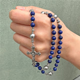 6mm Beads Rosary Bracelet Natural Stone Jesus Cross Charm