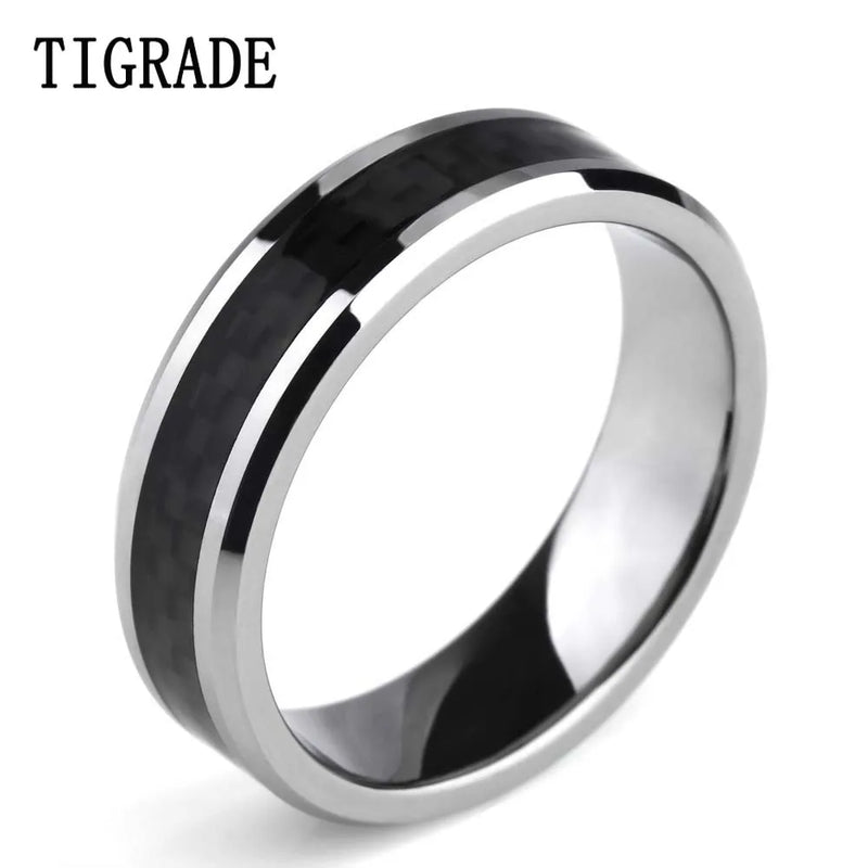 6mm Carbon Fiber Inlay Tungsten Carbide Ring High Polished Wedding Band