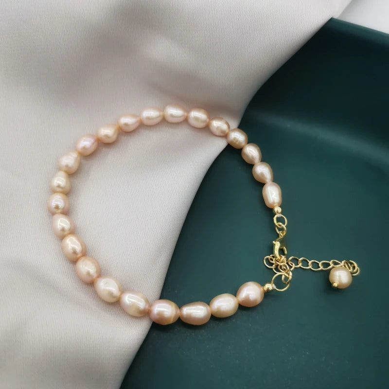 6mm Natural Oval Freshwater Pearls Bracelet 14K Filled Chain Hand Pink Pearl