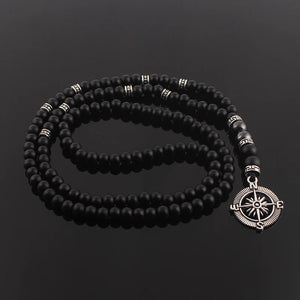 Vintage Stone Beaded Necklace with Compass Pendant for Men