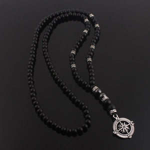 Vintage Stone Beaded Necklace with Compass Pendant for Men