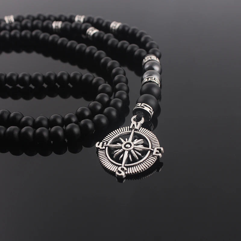 Vintage Stone Beaded Necklace with Compass Pendant for Men