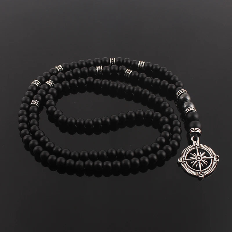 Vintage Stone Beaded Necklace with Compass Pendant for Men