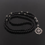 Vintage Stone Beaded Necklace with Compass Pendant for Men