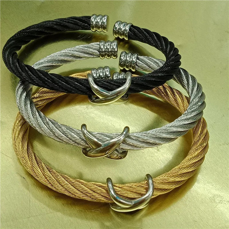 6mm High Stainless Steel Punk Cross Cable Wire Bangle Bracelet