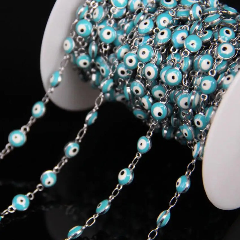 6mm Copper Plated Silver Rosary Chain Sky Eye Lampwork Beaded