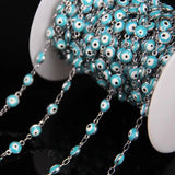 6mm Copper Plated Silver Rosary Chain Sky Eye Lampwork Beaded