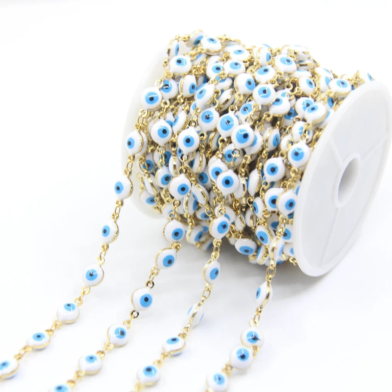 6mm Evil Eye Style Rosary Chains with Beaded Glass Flat Coin Beads