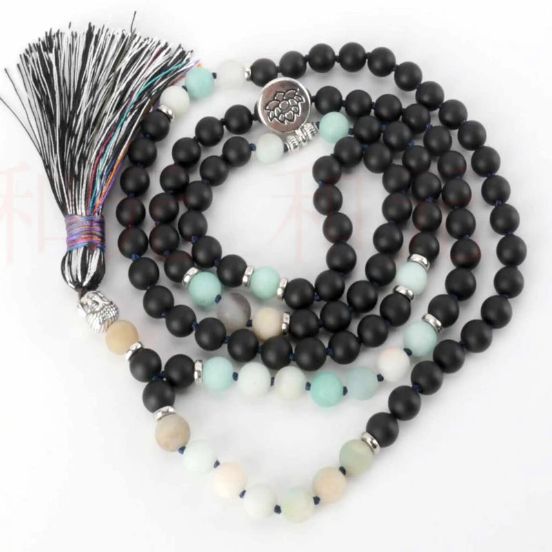 6mm Amazonite Agate Silver Necklace 108 Knot Beaded Tassel Healing Chakras