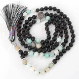 6mm Amazonite Agate Silver Necklace 108 Knot Beaded Tassel Healing Chakras