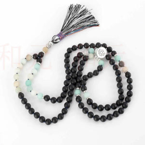6mm Amazonite Agate Silver Necklace 108 Knot Beaded Tassel Healing Chakras