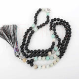 6mm Amazonite Agate Silver Necklace 108 Knot Beaded Tassel Healing Chakras