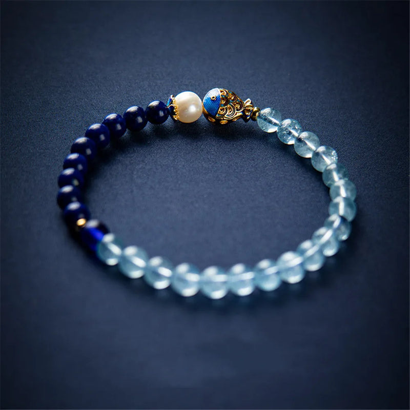 Lapis Lazuli Aquamarine Beads Bracelet Enamel Fish Cloisonne Jewelry
