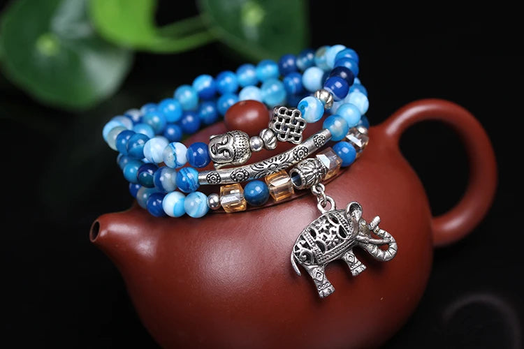 6mm Agate Beads Bracelet Woman's Vintage Fine Multi-layer Jewelry