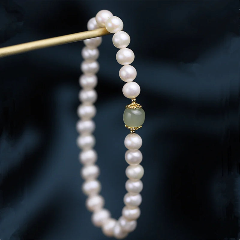 6mm Freshwater Pearl Adjustable Bracelet Hetian Jade Bead Ins Niche Jewelry