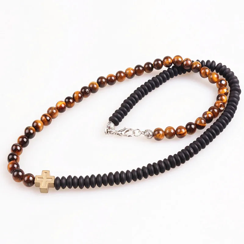 6mm Tiger Stone Bead & Hematite Cross Pendant Necklace for Men