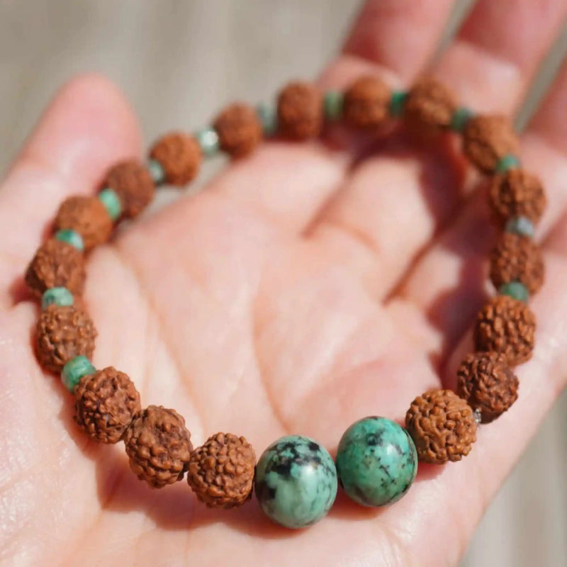 6mm Natural Rudraksha Turquoise Beads Bracelet Taseel Mental Chain Relief
