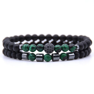 6mm Natural Stone Beads Bracelet 2pcs/set CZ Ball Beaded Bracciali Femme