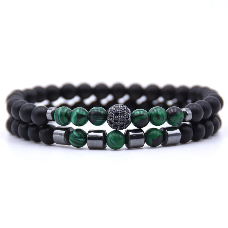 6mm Natural Stone Beads Bracelet 2pcs/set CZ Ball Beaded Bracciali Femme