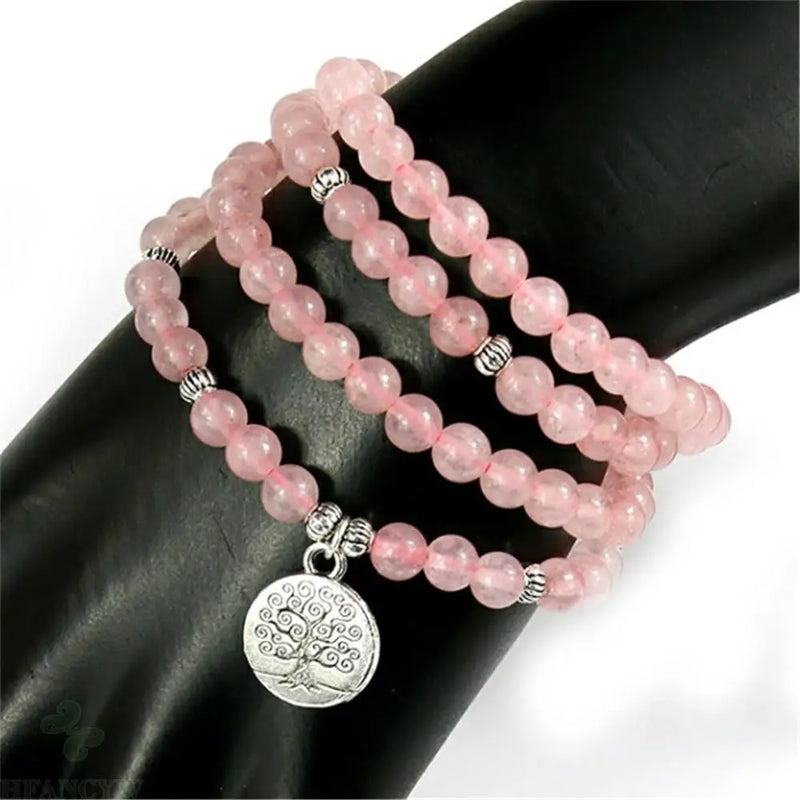 6mm Pink Crystal Tree of Life Pendant Stretch Bracelet Pray Wristband