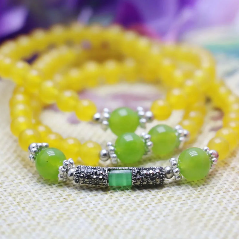6mm Retro Yellow Chalcedony Natural Stone Bracelet Hand Chain for Women Girls
