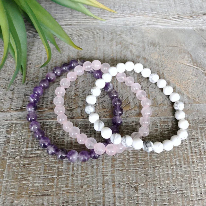 Rose Quartz Amethysts Howlite Bracelet Set Healing Stone Beaded Wrist