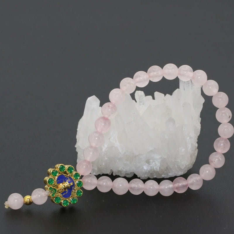 6mm Pink Natural Stone Jade Chalcedony Beads Cloisonne Strand Bracelet