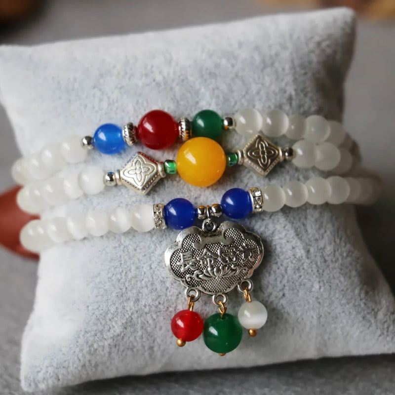 6mm Tibetan Silver Opal Bracelet Riches Honour Longevity Lock Pendant