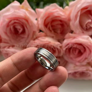6mm Tungsten Rings Wedding Band Grooved Brushed Finish Double Grooved Flat Shape
