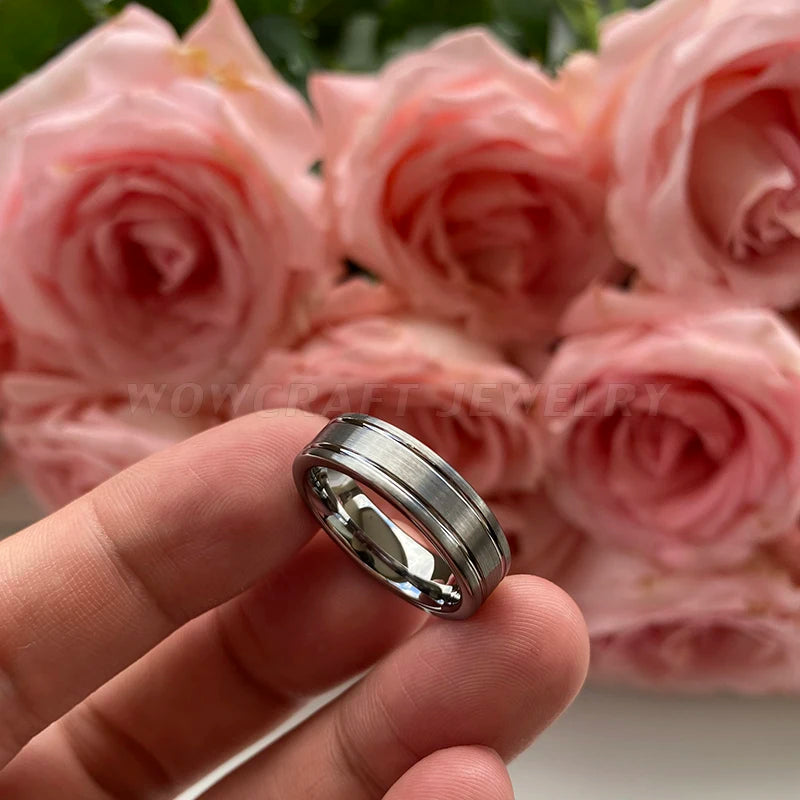 6mm Tungsten Rings Wedding Band Grooved Brushed Finish Double Grooved Flat Shape