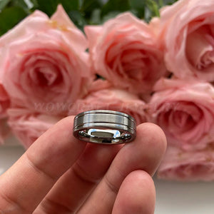 6mm Tungsten Rings Wedding Band Grooved Brushed Finish Double Grooved Flat Shape