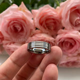 6mm Tungsten Rings Wedding Band Grooved Brushed Finish Double Grooved Flat Shape