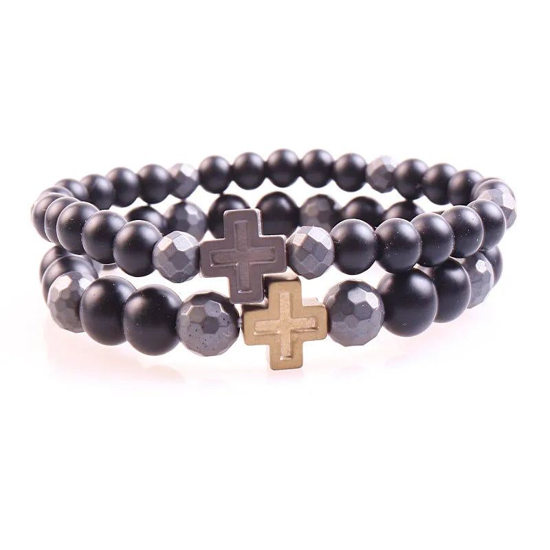 6mm Stone Bead & Hematite Men's Cross Pendant Bracelet