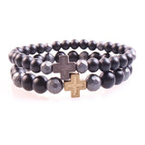 6mm Stone Bead & Hematite Men's Cross Pendant Bracelet