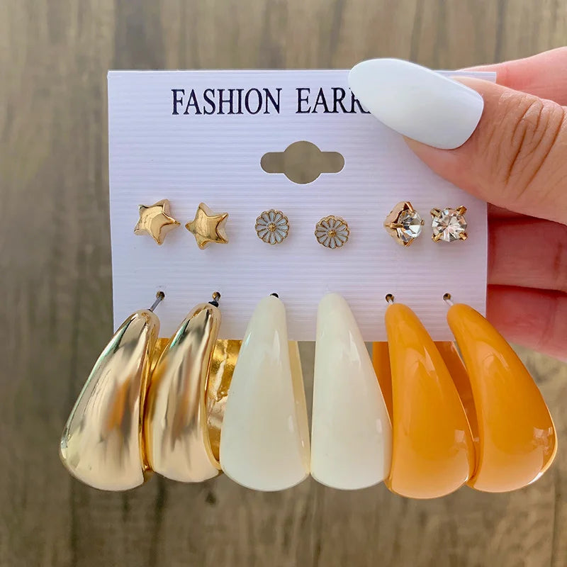 6pairs Circle Metal Hoop Earrings Set For Women Geometric Rhinestone Pearl