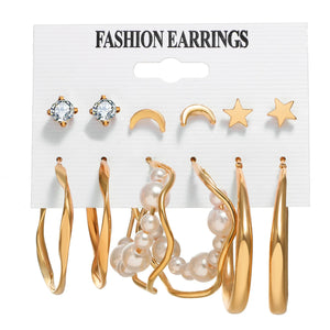 6pairs Circle Metal Hoop Earrings Set For Women Geometric Rhinestone Pearl