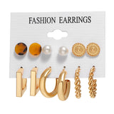 6pairs Circle Metal Hoop Earrings Set For Women Geometric Rhinestone Pearl